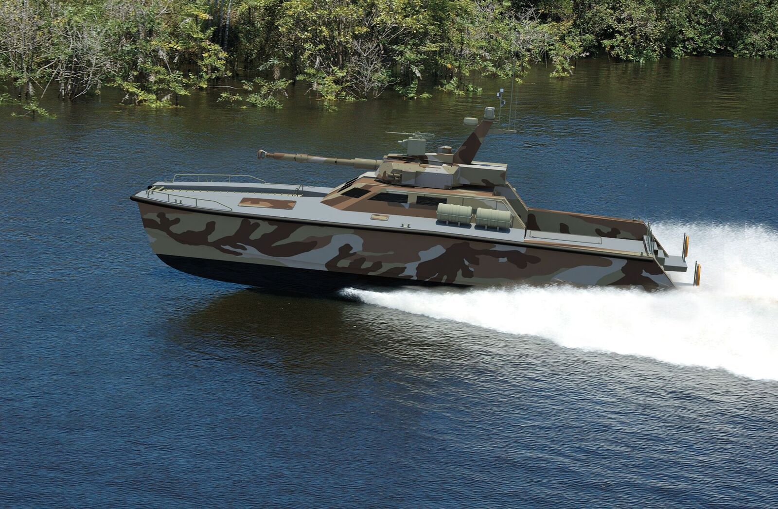 <em>The Tank Boat is designed to excel at brown water coastal and riverine operations <em>(CMI Defence, PT Pindad &amp; PT Lundin Invest)</em></em>